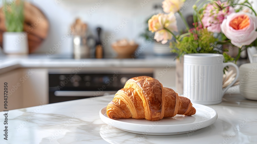 Cozy breakfast setup with a croissant and coffee on a marble table. The soft morning light and flowers create a warm and inviting atmosphere. Cozy breakfast setup with a croissant and coffee on a marble table. The soft morning light and flowers create a warm and inviting atmosphere.