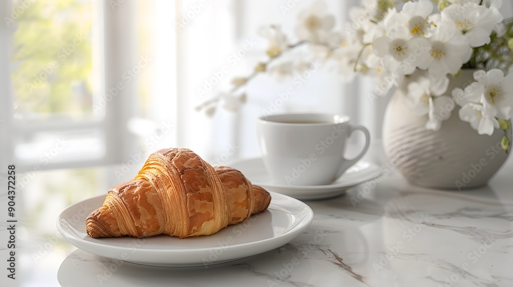 Cozy breakfast setup with a croissant and coffee on a marble table. The soft morning light and flowers create a warm and inviting atmosphere. Cozy breakfast setup with a croissant and coffee on a marble table. The soft morning light and flowers create a warm and inviting atmosphere.