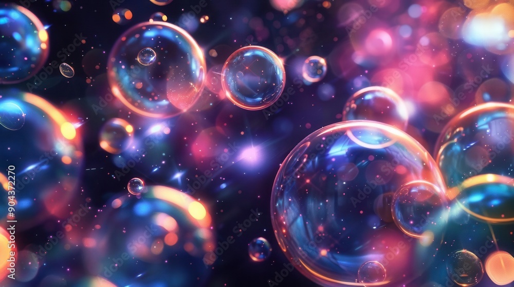 Abstract 3D bubbles of varying sizes floating in a dark space, dreamlike volume Abstract 3D bubbles of varying sizes floating in a dark space, dreamlike volume