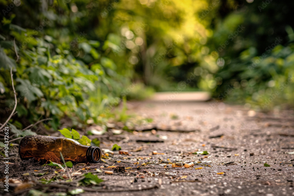 An empty beer bottle is lying on the ground along a woodland pat An empty beer bottle is lying on the ground along a woodland pat