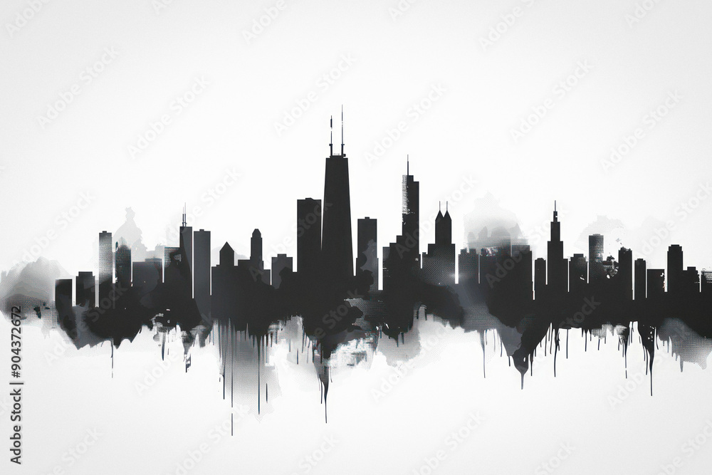 Chicago skyline with water reflection, black and white Chicago skyline with water reflection, black and white