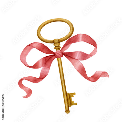 Golden key with a red bow.