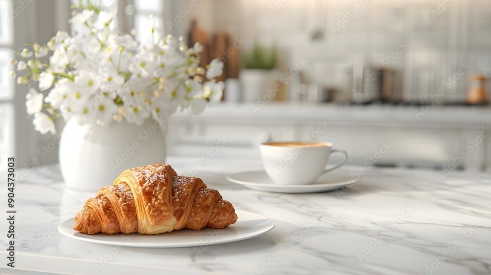 Cozy breakfast setup with a croissant and coffee on a marble table. The soft morning light and flowers create a warm and inviting atmosphere. Cozy breakfast setup with a croissant and coffee on a marble table. The soft morning light and flowers create a warm and inviting atmosphere.