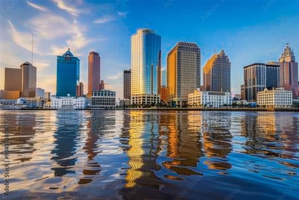 Obraz premium The reflection of a city skyline is visible in the water below