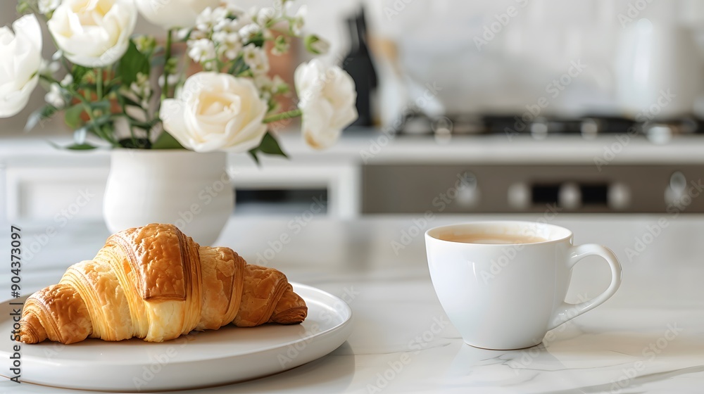 Cozy breakfast setup with a croissant and coffee on a marble table. The soft morning light and flowers create a warm and inviting atmosphere. Cozy breakfast setup with a croissant and coffee on a marble table. The soft morning light and flowers create a warm and inviting atmosphere.