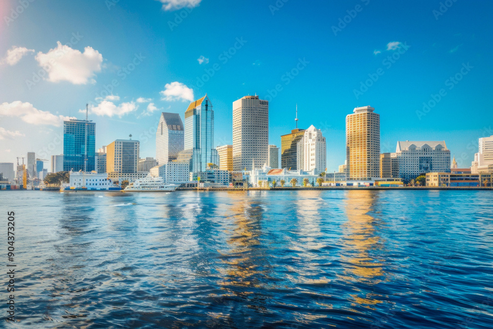 Fototapeta premium The reflection of a city skyline can be seen on the surface of a