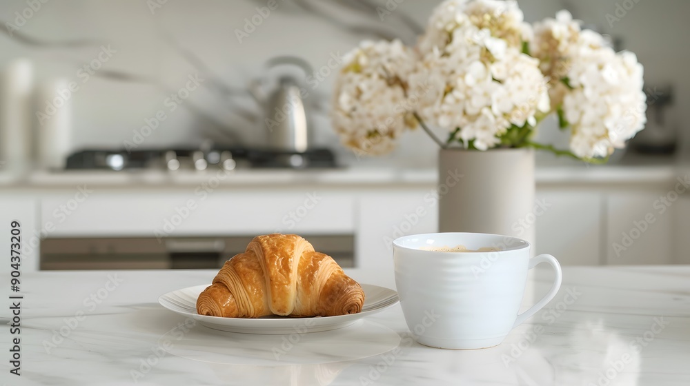 Cozy breakfast setup with a croissant and coffee on a marble table. The soft morning light and flowers create a warm and inviting atmosphere. Cozy breakfast setup with a croissant and coffee on a marble table. The soft morning light and flowers create a warm and inviting atmosphere.