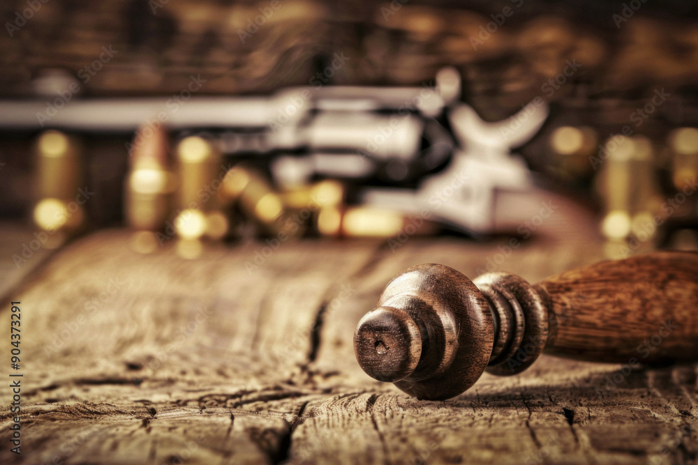 A wooden chess piece is on a table with a revolver and bullets A wooden chess piece is on a table with a revolver and bullets