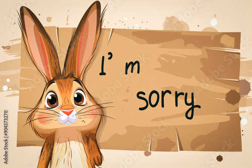 A rabbit is next to a wooden sign with the words Im sorry displa photo