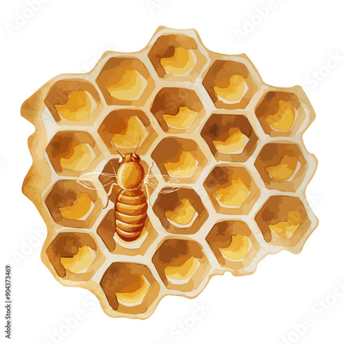 Watercolor honeycomb and bee label in flat paper design in a watercolor style isolated on white background, yellow honey