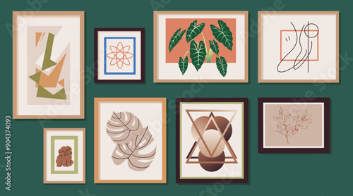 Modern framed wall art picture compositions, posters hanging on wall. Set of wall decor for modern interior design illustration. Artworks to decorate a contemporary interior. Flat vector illustration.