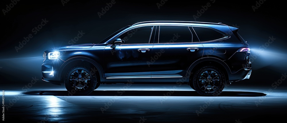 A dark blue SUV with headlights on, illuminated by bright white lights in the darkness. A dark blue SUV with headlights on, illuminated by bright white lights in the darkness.