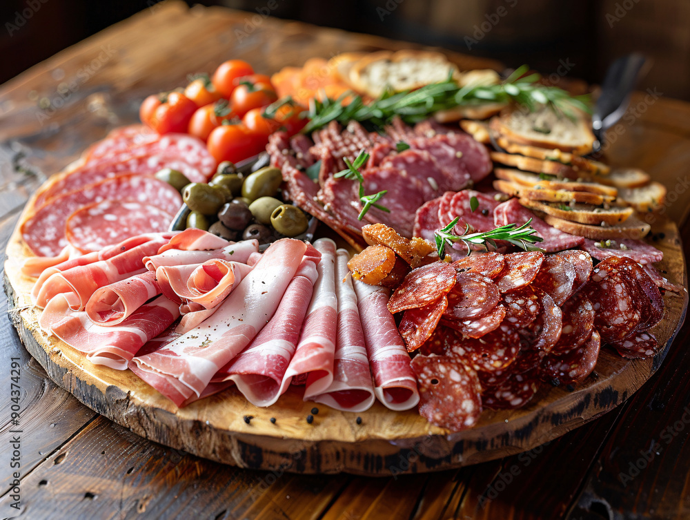 a variety of cured meats and cheeses on a wooden board, ready for serving. a variety of cured meats and cheeses on a wooden board, ready for serving.