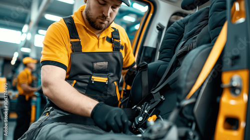 Man in a yellow polo shirt and overalls working on a car seat or seat belt inside a vehicle at an automobile assembly plant.