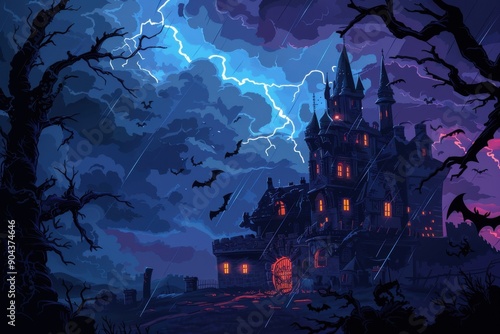 A dark, ominous castle with bats flying around, set against a stormy night sky with lightning