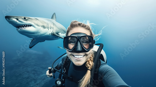 Smiling diver taking an underwater selfie with a great white shark swimming in the background.