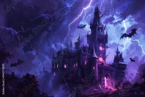 A dark, ominous castle with bats flying around, set against a stormy night sky with lightning