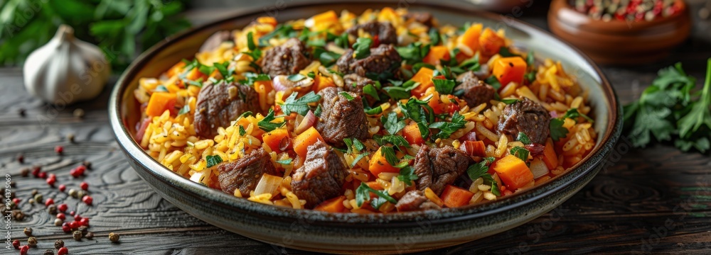 A close-up shot of traditional Uzbek Plov, a flavorful rice dish with meat, carrots, and herbs, served on a rustic wooden table A close-up shot of traditional Uzbek Plov, a flavorful rice dish with meat, carrots, and herbs, served on a rustic wooden table