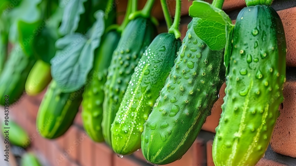 Perspective view of dew covered cucumber bushes with ripe cucumbers hanging on a wall Perspective view of dew covered cucumber bushes with ripe cucumbers hanging on a wall