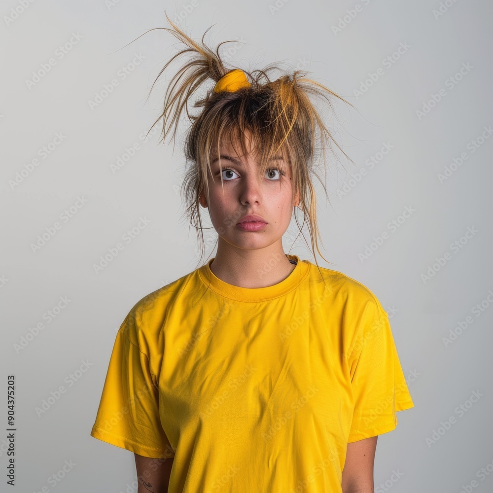 Medium shot of Female, messy hairstyle, tomboy, isolated on a white background,