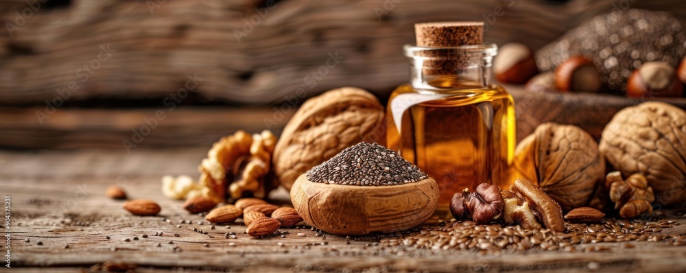 A rustic scene featuring a glass bottle of oil surrounded by various nuts and seeds on a wooden table. A rustic scene featuring a glass bottle of oil surrounded by various nuts and seeds on a wooden table.