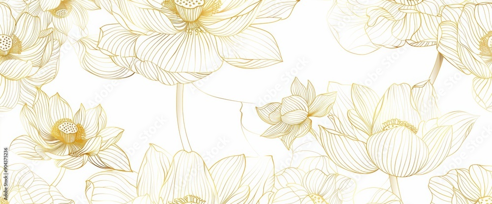 Line art with golden lotus flower, leaves, and blooms in white background. Elegant design for banners, invitations, packaging, and wall arts. Line art with golden lotus flower, leaves, and blooms in white background. Elegant design for banners, invitations, packaging, and wall arts.