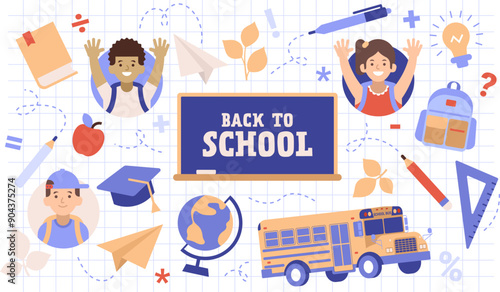 Back to school collection of graphic elements. Cute flat illustration of happy kids, stationery and bus. Set of education labels or stickers with paper background.