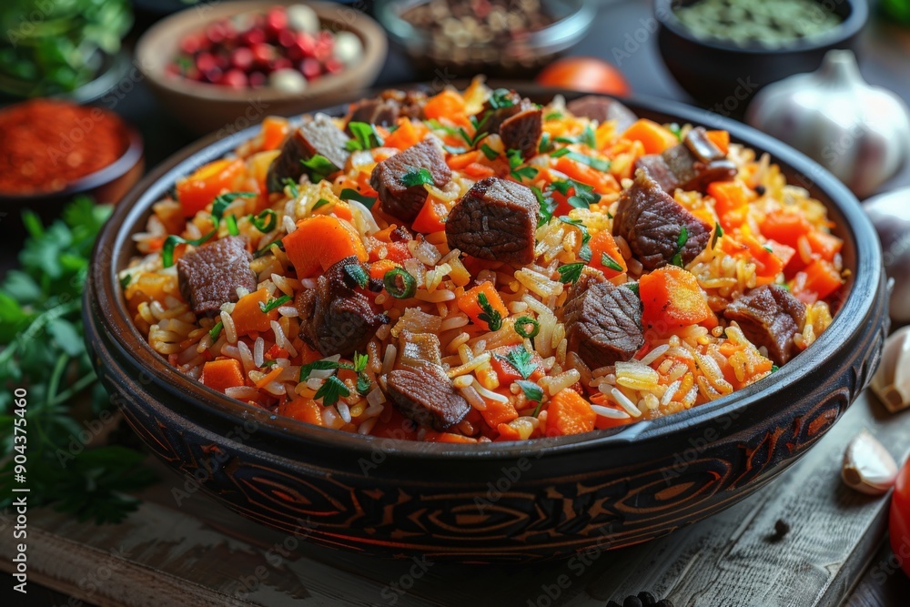 A close-up view of a traditional Uzbek plov, featuring rice, meat, carrots, and herbs. The dish is served in a dark brown bowl with intricate designs A close-up view of a traditional Uzbek plov, featuring rice, meat, carrots, and herbs. The dish is served in a dark brown bowl with intricate designs