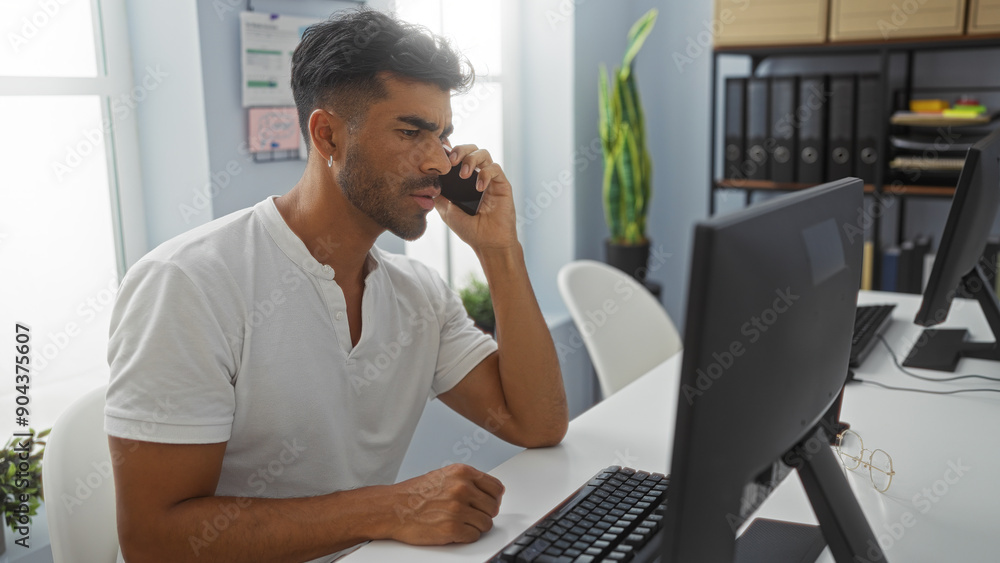 Young hispanic man talking on phone while working at computer in modern office workspace Young hispanic man talking on phone while working at computer in modern office workspace