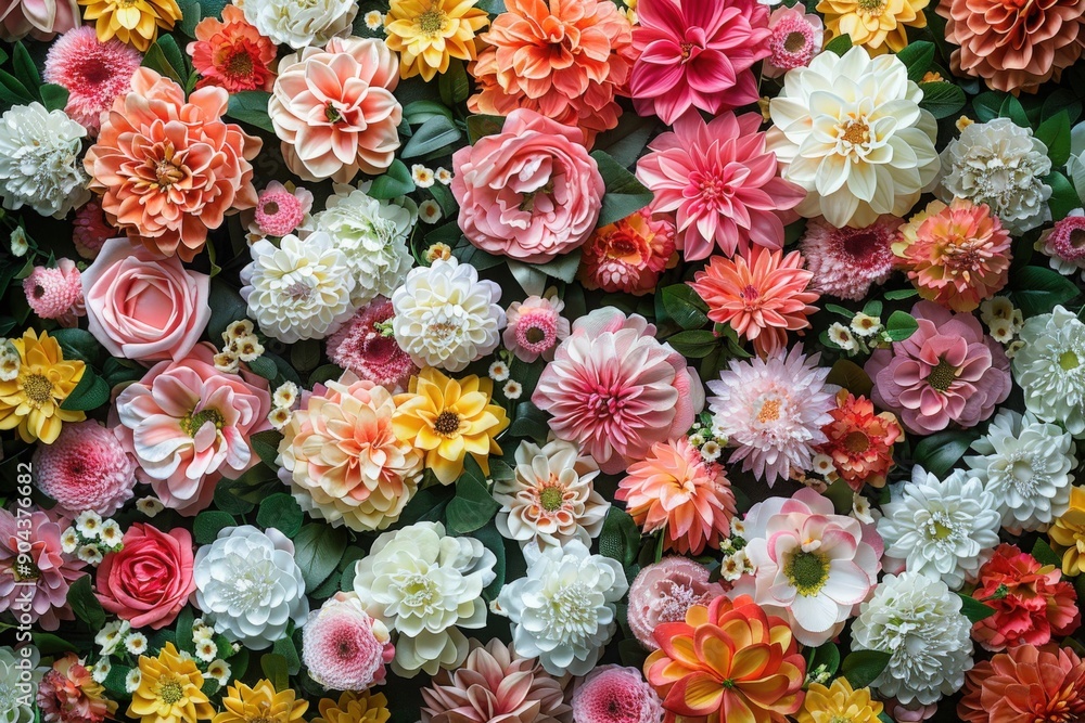 A close-up image showcasing a lush wall display of artificial flowers, featuring various colors and textures A close-up image showcasing a lush wall display of artificial flowers, featuring various colors and textures
