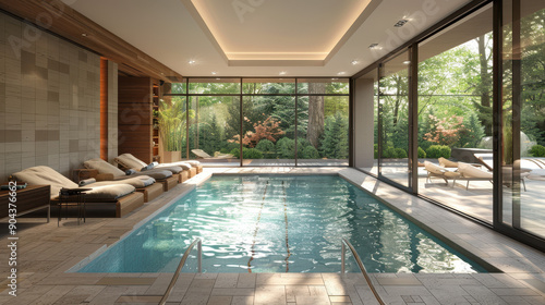 Wallpaper Mural A large, modern swimming pool with a glass ceiling and a view of trees. The pool is surrounded by lounge chairs and a vase Torontodigital.ca