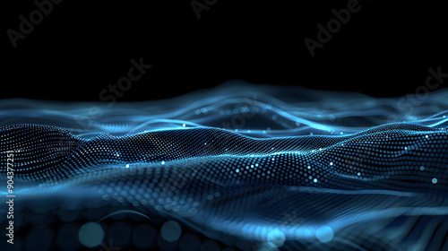 futuristic abstract blue tech background with digital waves, particles artificial neural network, cyber quantum computing