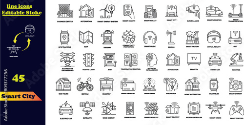 Smart city line icon set with infrastructure efficiency tech, future digital urban, autonomous building .