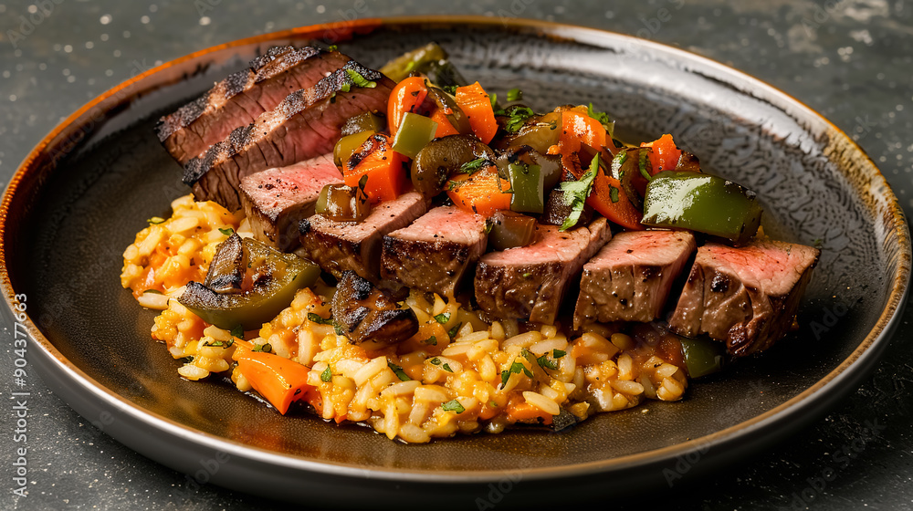 Risotto with grilled duck breast and vegetables on a plate. Risotto with grilled duck breast and vegetables on a plate.