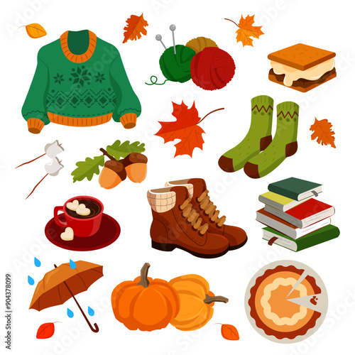 Set of bright autumn elements in a cartoon style.Vector illustration: sweater, skeins of threads, socks, boots, leaves, umbrella, sandwich, stack of books, pumpkin, pie, marshmallows on sticks,acorns.