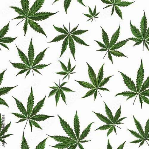 Background with a seamless and repeating marijuana leaf pattern in green