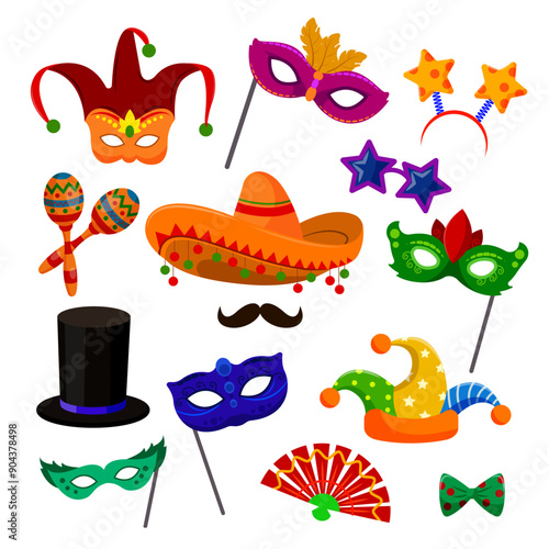 Set of carnival elements in cartoon style. Vector illustration: masks, fan, clown cap, black hat, butterfly, hoop with stars and glasses, sombrero with mustache, maracas isolated on white background.
