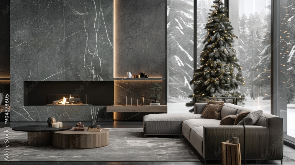 Fototapeta premium Cozy living room in modern minimalist chalet with Christmas decorations and burning candles, elegant Christmas tree, comfortable soft furniture