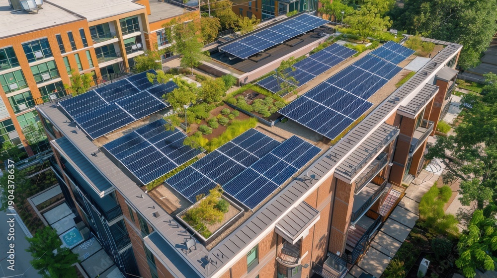 Solar panels on rooftops of urban buildings, showcasing sustainable energy efforts in cities Solar panels on rooftops of urban buildings, showcasing sustainable energy efforts in cities