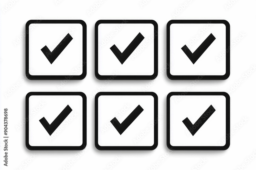 A set of six bold black check marks enclosed in square frames, symbolizing approval, completion, and correctness in a minimalistic design. A set of six bold black check marks enclosed in square frames, symbolizing approval, completion, and correctness in a minimalistic design.