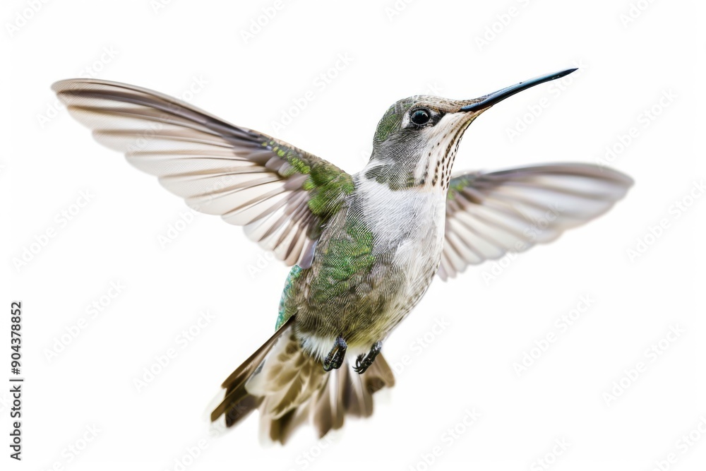 Obraz premium A hummingbird is captured in a fleeting moment, hovering in mid-air as its wings beat at an incredible speed. The image conveys a sense of stillness amidst rapid movement.