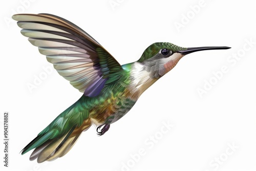 A hummingbird hovers in mid-air, its wings beating rapidly as it feeds on nectar. The bird's iridescent feathers shimmer in the sunlight.