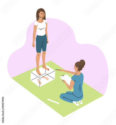 Doctor woman examines patient legs on podoscope. Diagnostic center orthopedics and podology. Foot health. Professional assistance from a medical specialist. Flat vector illustration in isometric view