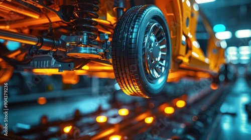 Close-up view of a modern car wheel in an automotive factory showcasing advanced technology and manufacturing processes.