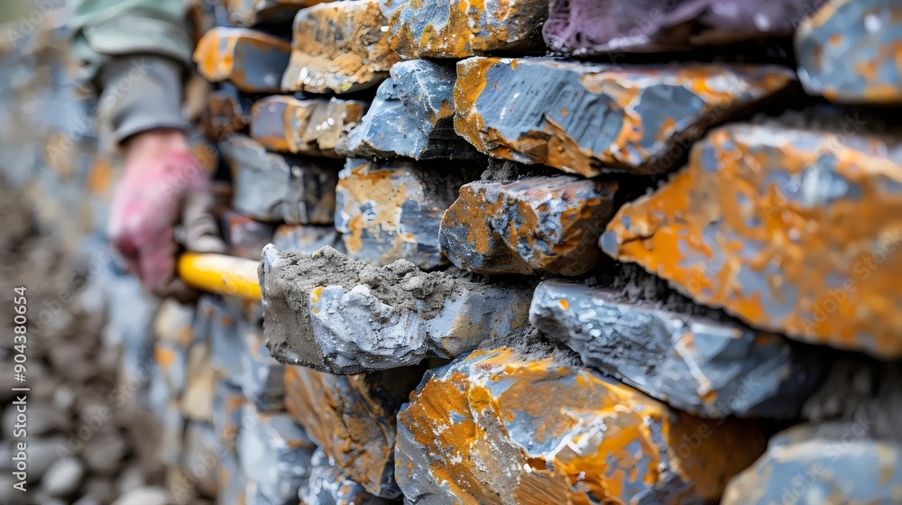 A man is working on a wall made of stone A man is working on a wall made of stone