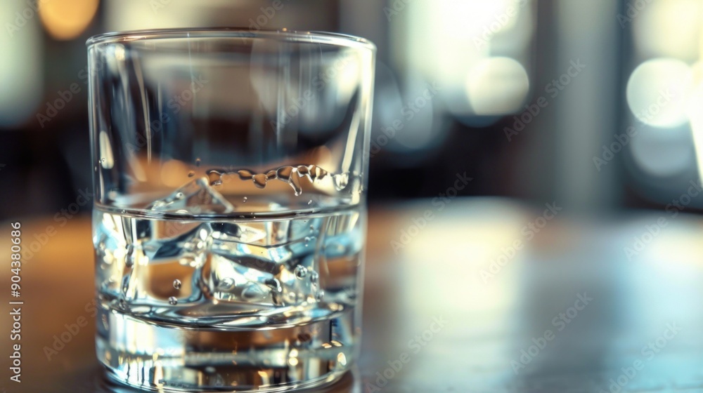 Whiskey is poured over ice cubes in a short glass placed on a wooden table in the bar Whiskey is poured over ice cubes in a short glass placed on a wooden table in the bar