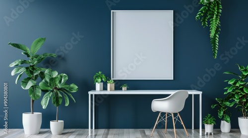 Elegant office setup with minimalist white furniture, bright green plants and blank white frames against navy blue walls