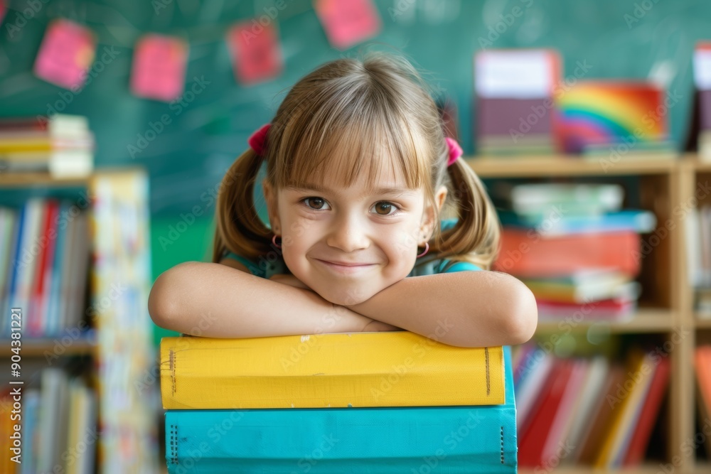 Beautiful young student smiling front of stack of education books. Cheerful child books colorful classroom signifying knowledge. Confidence built exploration of educational materials. Beautiful young student smiling front of stack of education books. Cheerful child books colorful classroom signifying knowledge. Confidence built exploration of educational materials.
