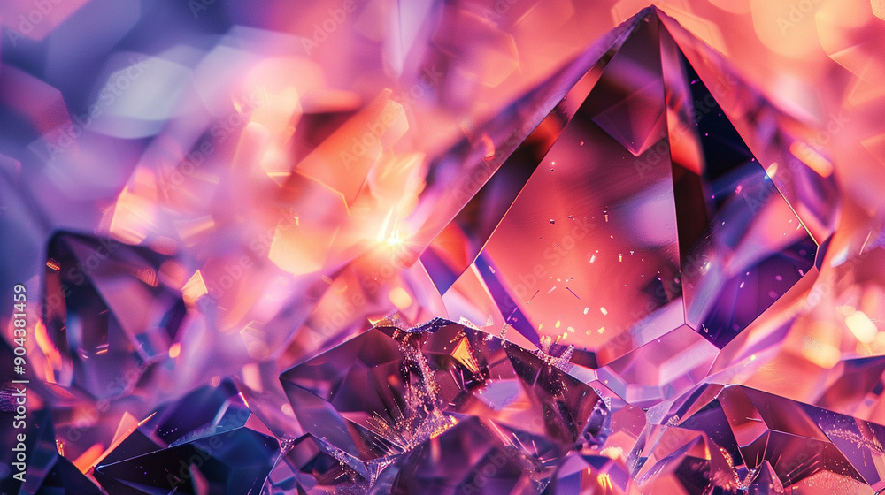 Close-up of a crystal with abstract, intricate facets and reflections Close-up of a crystal with abstract, intricate facets and reflections