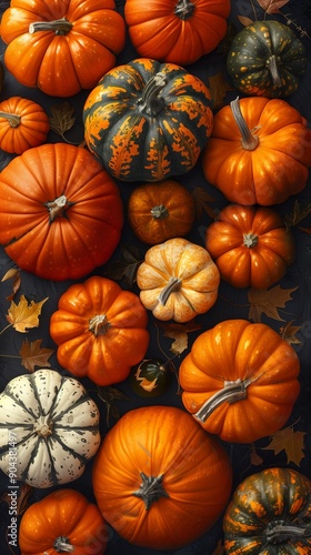 A Colorful Assortment of Pumpkins and Gourds Displayed on a Dark Background in Autumn